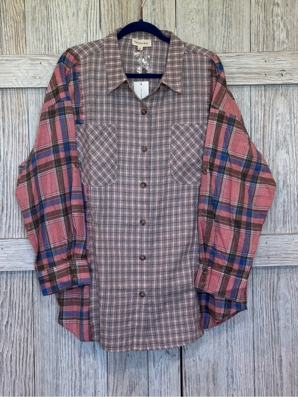 Vanilla Bay Women’s Mixed Plaid Button-Down Shirt in Pink and Blue Sz 2X
